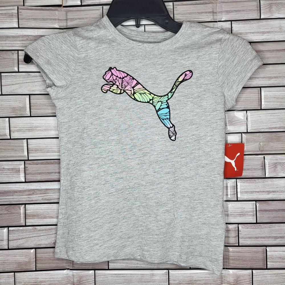 NWT Puma Girls Grey Short Cap Sleeve Crew Neck Graphic Print T Shirt Size 6‎ Top